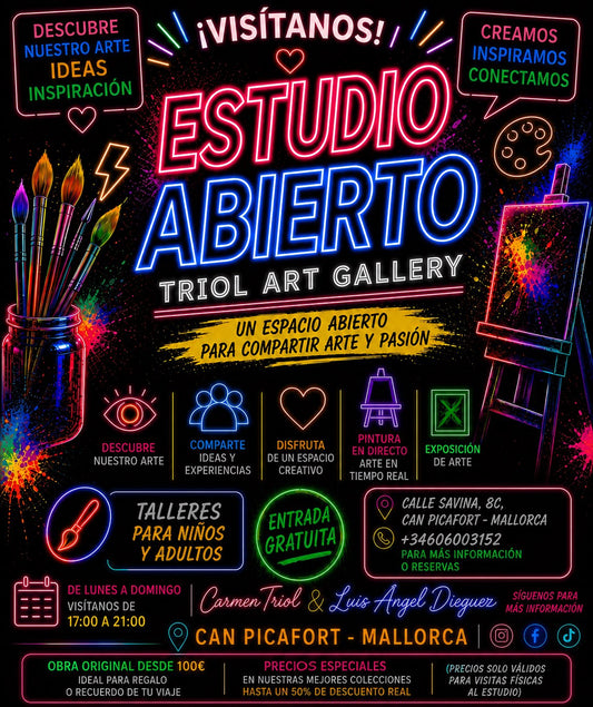 🎨✨ Descubre nuestro OPEN STUDIO TRIOL ART GALLERY en Can Picafort, Mallorca:  Entrada Gratuita, Arte Original, Live Painting, Talleres, Murales y Precios Especiales de Verano. ¡Ven a visitarnos! ✨🎨